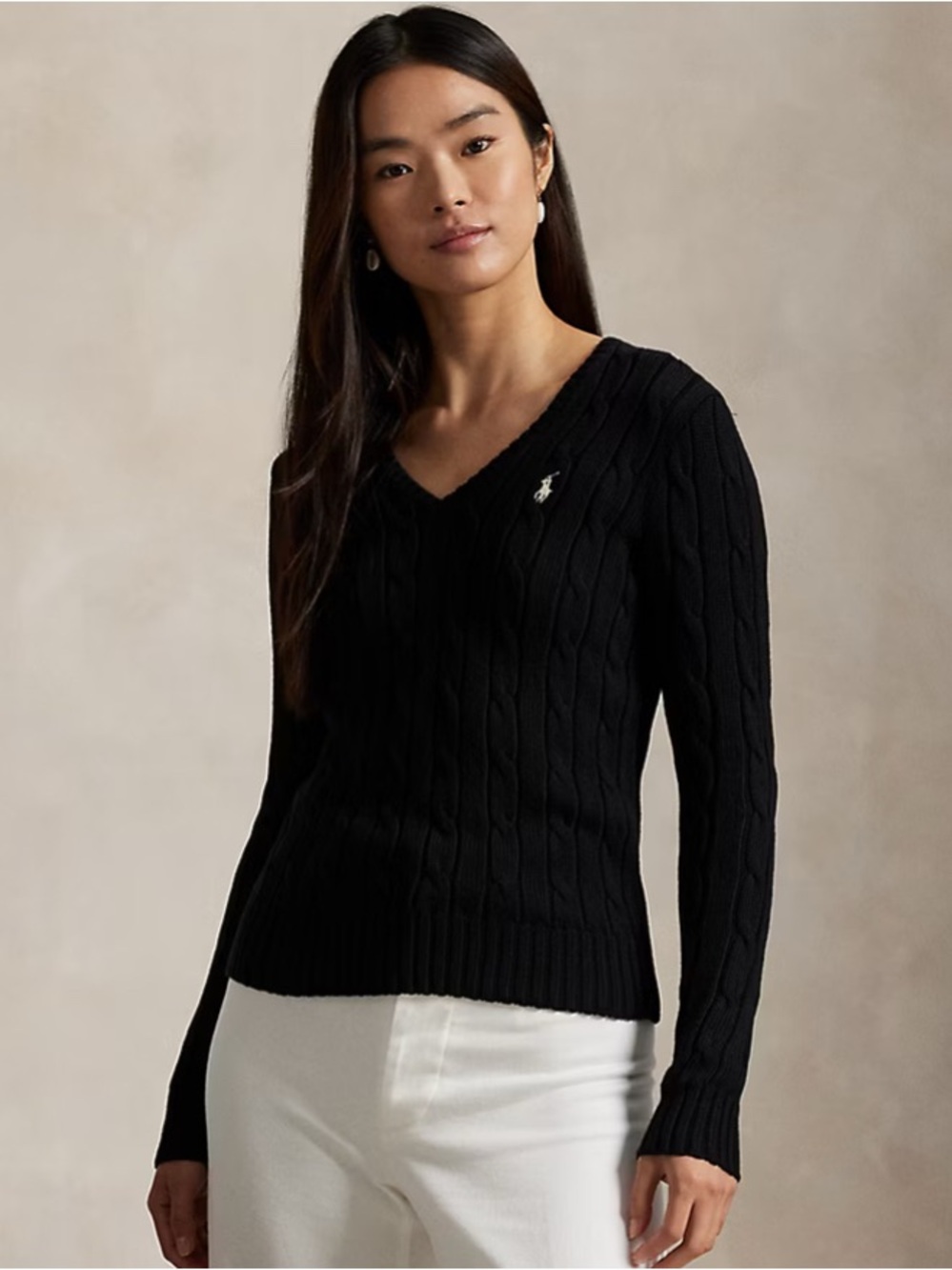 Vintage Polo by Ralph Lauren Navy V-Neck Cable Sweater with White Polo Logo